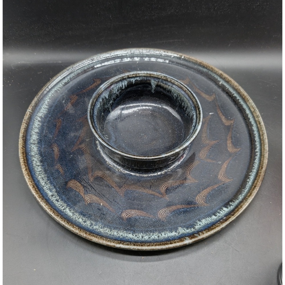 Studio Pottery Chip and Dip Serving Set Blue Brown Combed Wave Ceramic Signed